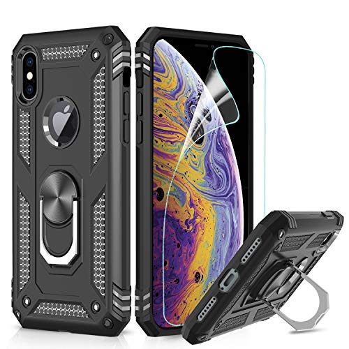 LeYi Funda iPhone XS,Funda iPhone X, 360 Grados antigolpes Hard PC y Silicona TPU Bumper Carcasa con Anillo iman Soporte Case para movil iPhone XS/iPhone X con HD Protector de Pantalla,Negro