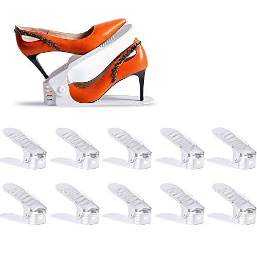 LOBKIN Set de 10pcs de Organizadores Ajustables de Zapatos con Ranuras Soportes de Calzado Apilador para Zapatos Ahorro de Espacio (Blanco)