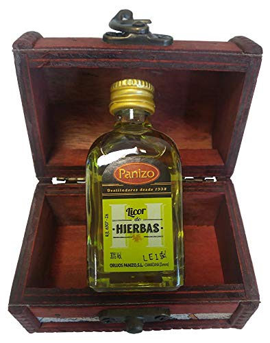 (Lote de 24 detalles) Baúl de madera con licor de hierbas ideal para regalar a los invitados en bodas, comuniones.