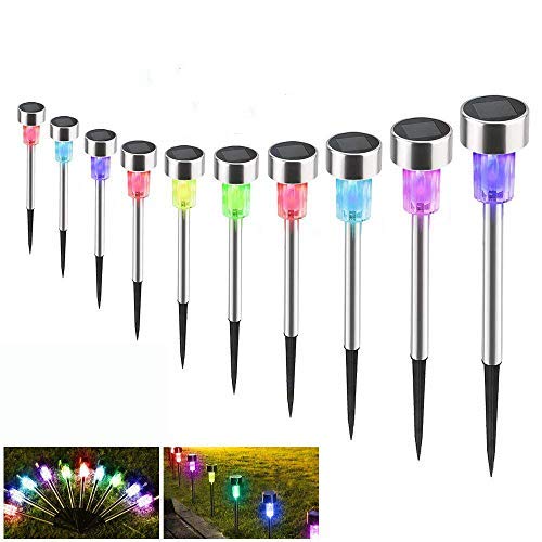 Luces de Jardín Solar, Hisome IP65 Impermeable Colorido Paisaje/Pathway Lámpara de Acero Inoxidable LED Luces Solares de Exterior Para Patio, Césped, Patio, Fácil Instalación Sin Cables (10 Pack)