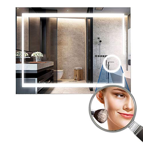 LUVODI Espejo de Baño Pared con Iluminación LED Espejo de Baño Moderno con Interruptor Táctil y 3X Aumento Función Anti-Niebla Adecuado para Baño Tocador Dormitorio 80x60cm
