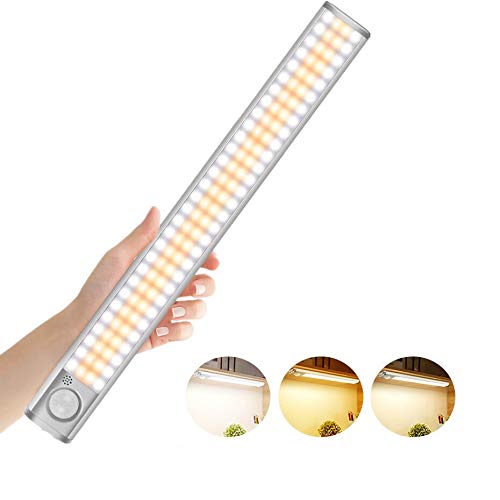 Luz LED con Sensor de Movimiento, 3 Colores Luz Armario 120 LED con Tira Magnética, Recargable Luz LED Adhesiva, Luces para Armarios, Cocina, Escalera, Garaje, Pasillo, Emergencias