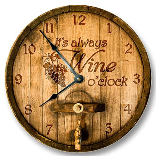 Mari57llis Its Always Wine O'Clock Wall Clock Wooden Cask Lid Printed Image Rustic Cabin Bar Home Decor Large 15" Wall Clock