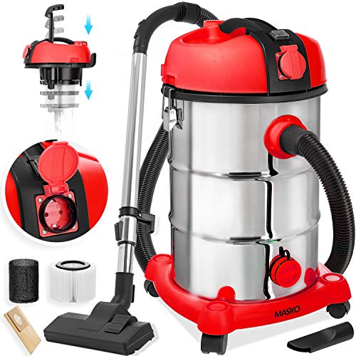 Masko® Aspiradora industrial, en seco y húmedo, acero Inoxidable, máx. 2300 W + enchufe Función de vacío. Aspirador en seco y húmedo. Aspiradora industrial con y sin bolsa., Rojo