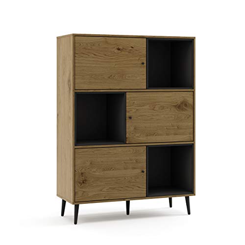 Mc Haus KUMA - Estanteria Madera Natural y Negro, Librería de pared Salón Comedor Dormitorio de diseño Nórdico con 3 estantes para almacenaje y 3 puertas 100x40x135cm