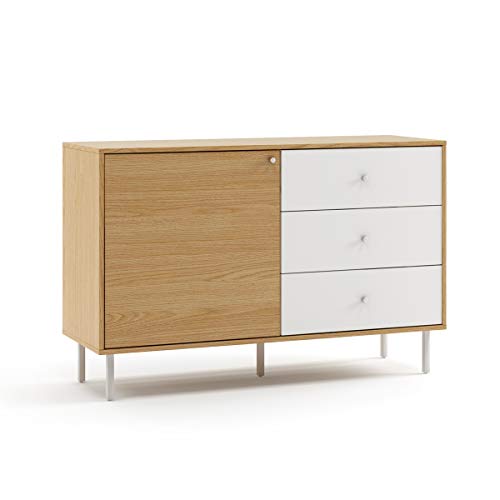 Mc Haus UMMA - Aparador Comedor de Madera Blanco, Mueble Cómoda de almacenaje, Buffet Salon Armario de diseño con 1 puerta y 3 cajones 118x40x76cm