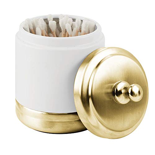 mDesign Algodonero con tapa – Práctico organizador de cosméticos para discos de algodón con 2 compartimentos – Elegante contenedor de metal para bolas de algodón – blanco mate/dorado latón