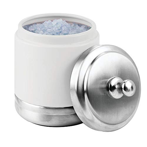 mDesign Algodonero con tapa – Práctico organizador de cosméticos para discos de algodón con 2 compartimentos – Elegante contenedor de metal para bolas de algodón – blanco mate/plateado