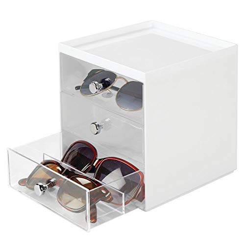 mDesign Caja para gafas de sol – Cajoneras de plástico con 3 cajones – Organizador de armarios para guardar todo tipo de gafas – blanco/transparente