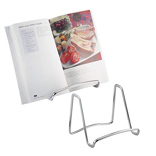 mDesign Juego de 2 - Soporte para libro de cocina, caballete para exhibir fotos, pedestal para exhibir platos decorativos - Cromado