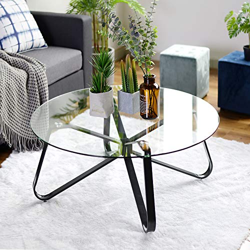 Mesa de café redonda de cristal templado, mesa de sofá minimalista nórdica mesa auxiliar moderna, mesa auxiliar con base de hierro negro para el hogar sala de estar, patio jardín 80 x 80 x 40 cm