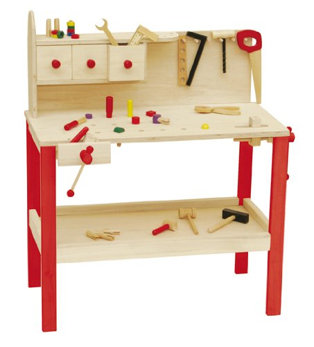 Mesa de trabajo roba, mesa de trabajo grande de madera, mesa de trabajo con gran numero de herramientas, banco de trabajo grande, estante y 3 cajones