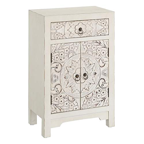 Mesilla de Noche Blanca de Madera con 1 cajón y 2 Puertas Oriental para Dormitorio Sol Naciente - LOLAhome Mesilla de Noche Blanca de Madera con 1 cajón y 2 Puertas Oriental para Dormitorio Sol Naciente - LOLAhome
