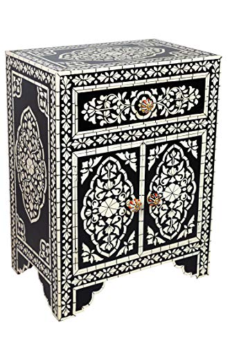 Mesita de noche de madera oriental dilhan negro y blanco, 60 cm de alto, estilo oriental vintage, pintada a mano, mesita de noche india también para cama con somier, muebles asiáticos de la India