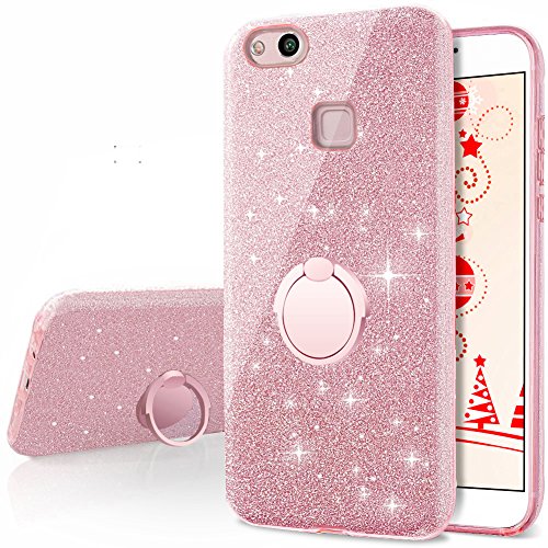 Miss Arts Funda Huawei P10 Lite, Carcasa Brillante Brillo con Soporte Giratorio de 360 Grados, Cubierta Exterior de TPU Suave + armazón Interior de PC Duro para Huawei P10 Lite -Rose Oro