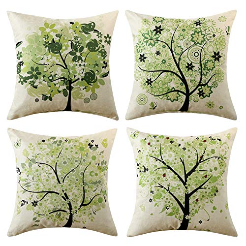 MIULEE Juego de 4 Lino Cojines Árbol Verde Funda de Cojín Almohada Caso de Decorativo Cojines para Sala de Estar sofá Cama18 x18 Pulgadas 45x45cm