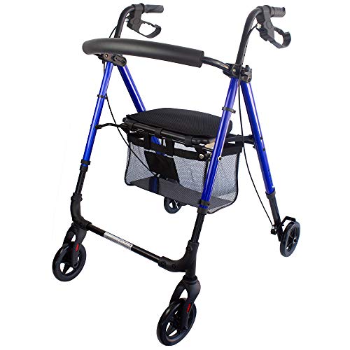 Mobiclinic, Modelo Augusto, Andador para adultos, minusvalidos, mayores o ancianos, de aluminio, ligero, plegable, con asiento y 4 ruedas, Color Azul