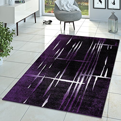 Moderna alfombra de pelo corto con diseño de Matrix en lila, negro y crema, polipropileno, 160 x 220 cm