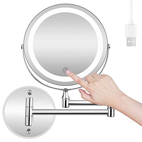 MRJ Espejo de Aumento de Pared 10X, Redondo de Pared Espejo de Baño Giratorio, Espejo de Maquillaje con luz LED, Extensible, Doble Cara giratoria de 360 °, 7 Pulgadas