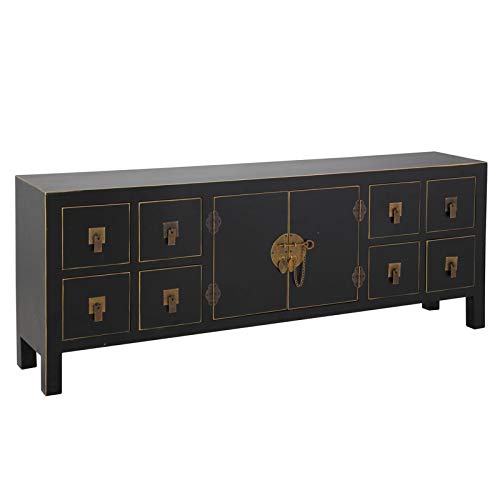 Mueble de TV de 8 cajones y 2 Puertas Oriental Negro de Madera para salón Sol Naciente - LOLAhome Mueble de TV de 8 cajones y 2 Puertas Oriental Negro de Madera para salón Sol Naciente - LOLAhome