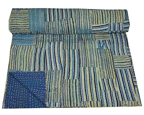 Multi Color Reina tamaño Kantha Quilt, hecho a mano Patch Work, bed-cover, colcha, manta, edredón, parche de trabajo, 100% algodón, Vintage Indian colcha, algodón, Multi Color Blue, 90 x 108 inch