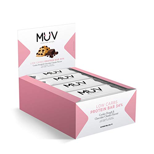 Muv Food For Action - Barras de proteína bajas en carbohidratos con galleta y trozos de chocolate, 12 unidades de 30 g