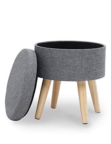 N A Taburete Redondo Puff Caja de Almacenamiento Asiento Extraíble Asiento de Lino con Tapa Patas Madera Maciza para Dormitorio Salón Pasillo Gris