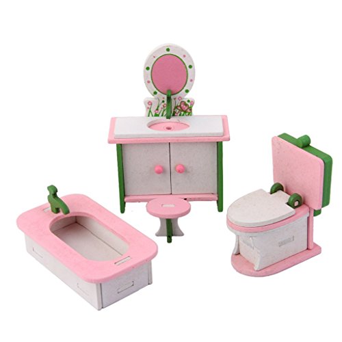 Naisider Doll House Muebles de Madera Miniatura baño Conjunto (1 Silla 1 aparador 1 bañera 1 WC)