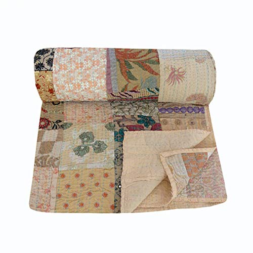 NANDNANDINI TEXTILE Juego de cama de algodón indio hecho a mano, estilo vintage, con patchwork, Kantha