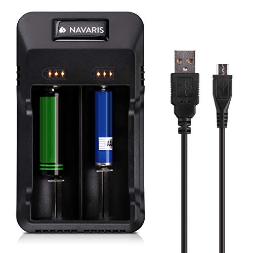 Navaris Cargador de Pilas con indicador de Carga - USB - para Pilas de Litio 10440 14500 16340 17670 18350 18500 18650 26650 y Ni-MH/Ni-CD AA y AAA