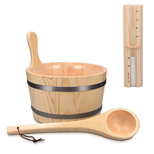 Navaris Juego de accesorios de madera para sauna - Cubo de madera de 5L cuchara recipiente de plástico y reloj de arena - Set para baño de vapor