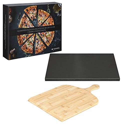 Navaris Piedra para pizza con pala - Base rectangular para horno barbacoa o leña - Placa de cordierita para hornear con pala de bambú - 38 x 30 CM