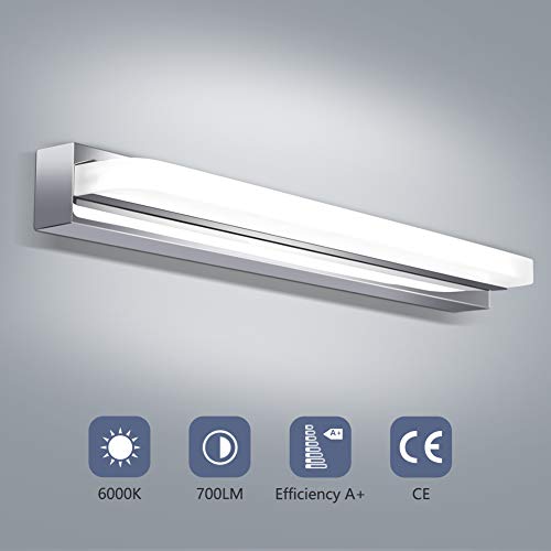 OOWOLF Luz De Espejo, 8W 6000K Lámpara de Espejo Baño Blanco Frío, 700LM 420mm Lámpara LED de Pared Acero inoxidable Para Maquillaje, Espejo, Baño