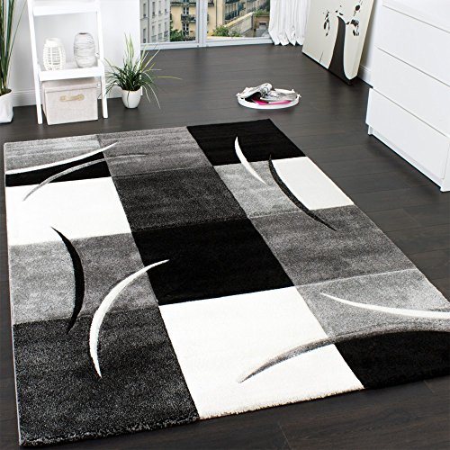 Paco Home Alfombra De Diseño Perfilado - A Cuadros - En Negro Blanco Gris, tamaño:160x230 cm