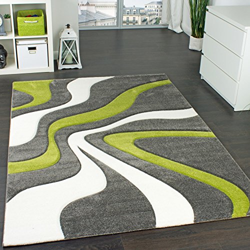 Paco Home Alfombra De Diseño Perfilado - Estampado De Ondas - Gris Verde Crema, tamaño:80x150 cm