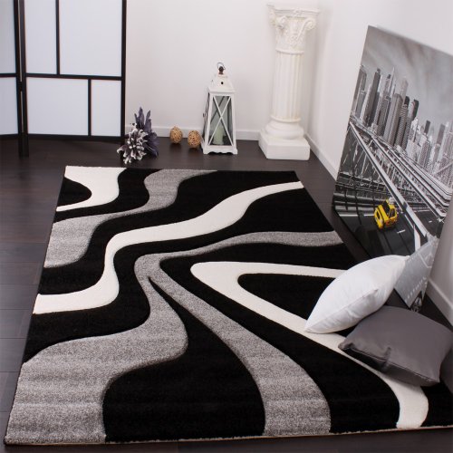 Paco Home Alfombra De Diseño Perfilado - Estampado De Ondas - Negro Gris Blanco, tamaño:60x110 cm