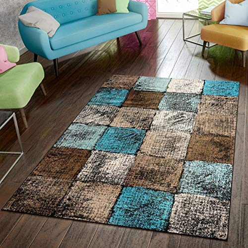 Paco Home Alfombra Diseño Salón Colores Originales Cuadros Turquesa Marrón Crema, tamaño:120x170 cm Paco Home Alfombra Diseño Salón Colores Originales Cuadros Turquesa Marrón Crema, tamaño:120x170 cm