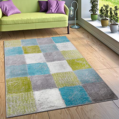 Paco Home Alfombra Diseño Salón Combinación Cromática Original Cuadros Turquesa Verde Gris, tamaño:160x220 cm