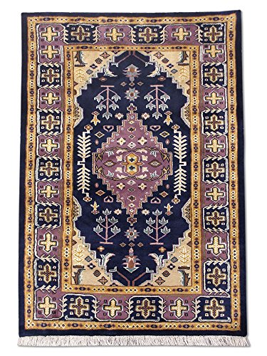 Pak Persian Rugs Hecho a Mano Tradicional Persa Alfombra del Cáucaso, Lana/Art. Seda (destacados), Color Azul Oscuro, 98 x 141 cm, 3 '3 "x 4' 8" (ft)