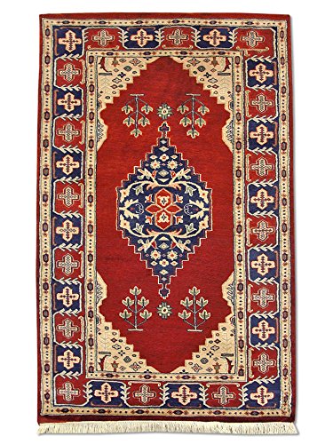 Pak Persian Rugs Hecho a Mano Tradicional Persa Alfombra del Cáucaso, Lana/Art. Seda (destacados), Rojo Oscuro, 95 x 151 cm, 3 de 1 "x 4 '11" (ft)