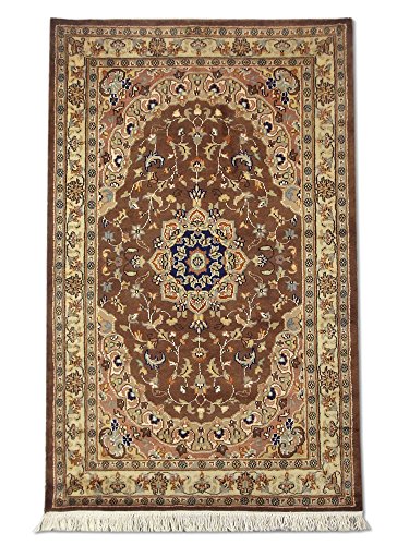 Pak Persian Rugs Hecho a Mano Tradicional Persa Kashan Alfombra, Lana/Art. Seda (destacados), marrón, 95 x 156 cm, 3 de 1 "x 5 '1' (pies)