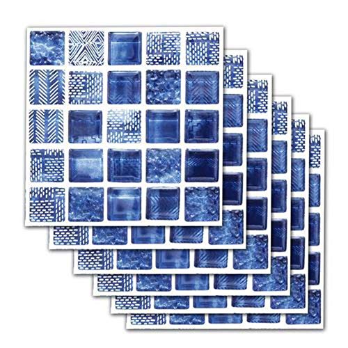 Pegatinas de azulejos Autoadhesivo Etiqueta de la pared a prueba de agua DIY Papel pintado de mosaico de imitación azul Decoración de arte para baño Cocina Piso Pared 20 20cm (6 uds)