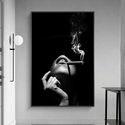 Pintura de arte de pared Arte negro Mujer fumadora Mujer Pintura de lienzo Póster e impresiones para la sala de estar Decoración del hogar 60x105cm (23"x41") Sin marco