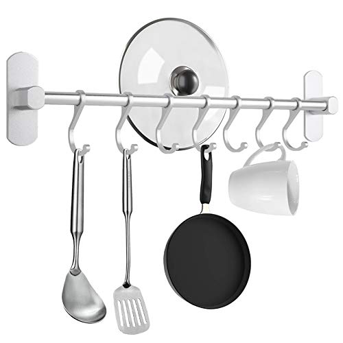 Poprkdre Colgador Utensilios Cocina 7 Gancho Barra Soportes y Organizadores, Soporte Utensilios Cocina sin Taladro, Estante Colgante de Cocina, Aluminio, Acabado Mate, 40CM