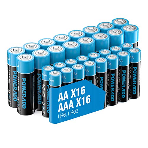 Poweradd 32 Pack 1.5V AA AAA Pilas Alcalinas con 16 x LR6 Batería Alcalinas y 16 x LR03 Batería Alcalinas de 10 Años Larga Duración para Linternas, Mandos a Distancia, Juguetes y Más