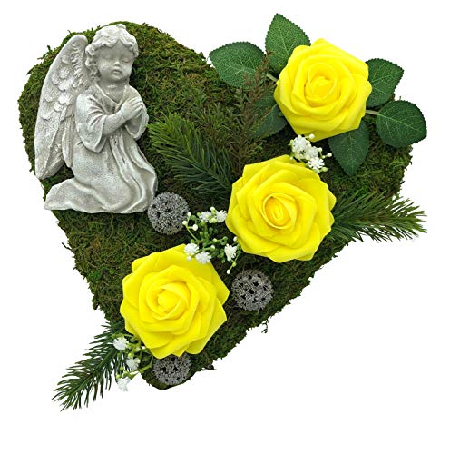 Radami Decoración para tumba con forma de corazón de musgo, cruz o ángel, 30 cm, 3 rosas amarillas