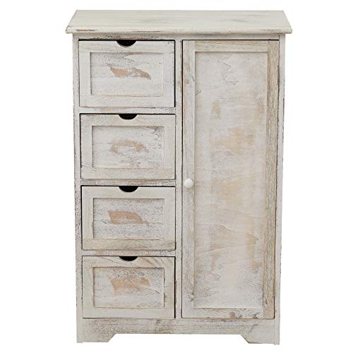 Rebecca Mobili Cajonera Vintage, aparador con 4 cajones, 1 Puerta, Madera de paulonia, Gris Blanco, Cuarto de baño Dormitorio - Medidas: 82 x 55 x 30 cm (AxANxF) - Art. RE4490