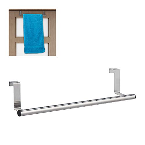 Relaxdays Toallero Puerta, Colgador Trapos Cocina, Barra para Armario Baño, Acero Inoxidable y Plástico, 1 Ud., Plateado