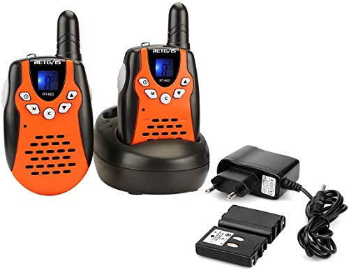 Retevis RT602 Walkie Talkie Niños Recargable PMR446 8 Canales Pantalla LCD VOX Linterna Regalo para Niños Walkie Talkie Juguete con Cargador y Batería (Negro y Naranja, 1 par)