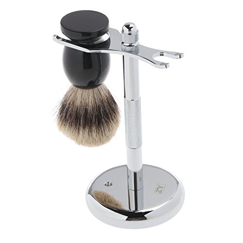 ROSENICE Badger Hair Shaving Brush 2pcs Shaving Stand Set Chrome Stand Cepillo de madera